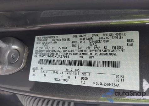 2022 Ford Escape Se from USA, damaged, VIN 1FMCU9G60NUA37089